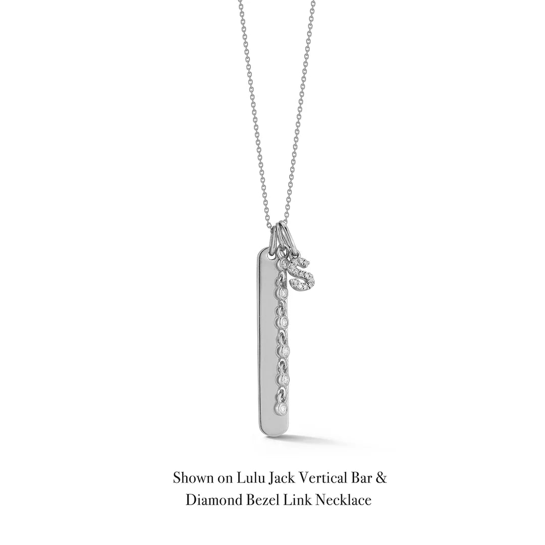 Dana Rebecca Designs DRD Diamond Initial Charm in white gold on white background shown on lulu jack vertical bar & diamond bezel link necklace