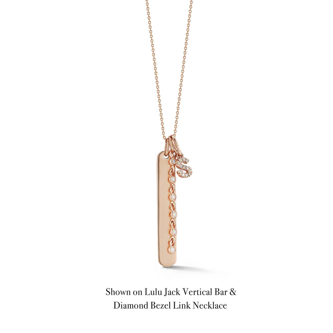 Dana Rebecca Designs DRD Diamond Initial Charm in rose gold on white background shown on lulu jack vertical bar & diamond bezel link necklace