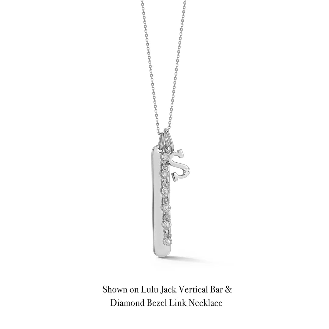 Dana Rebecca Designs DRD Gold Initial Charm in white gold with the Lulu Jack Vertical Bar & Diamond Bezel Link Necklace