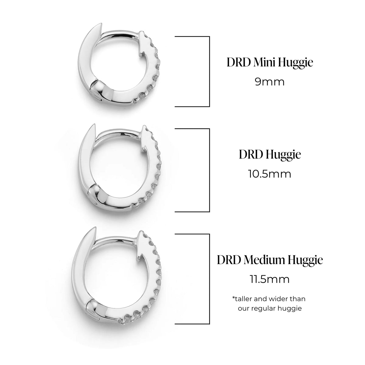 comparison between Dana Rebecca Designs Huggie Earrings. product shot of Three styles on white background.