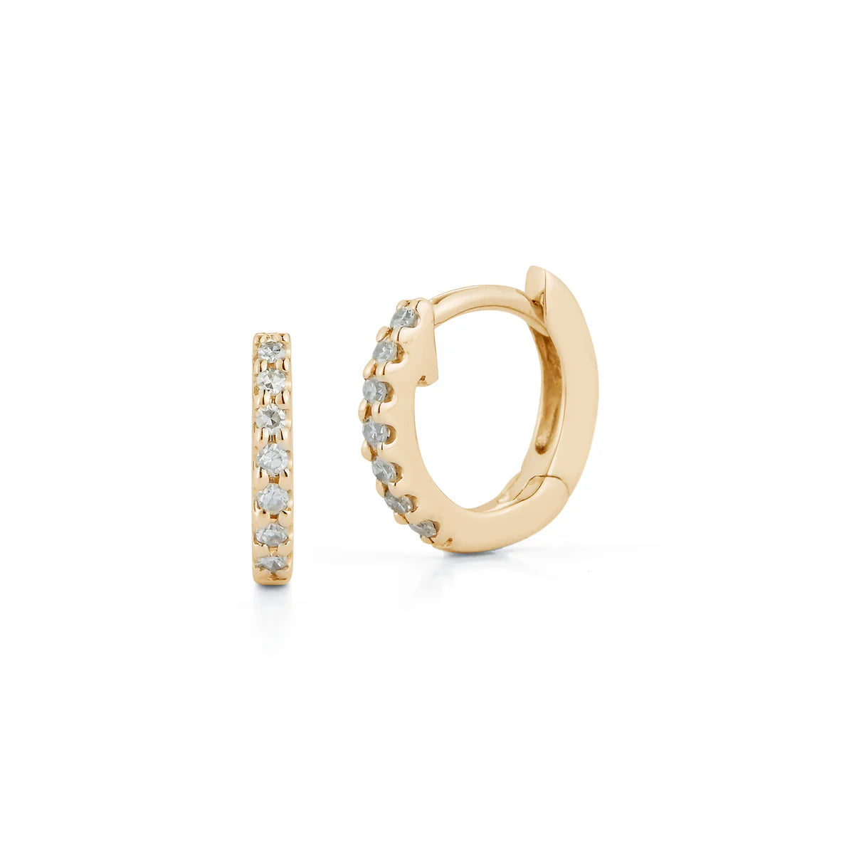 product shot of DRD Diamond Mini Huggies in 14K Yellow Gold on white background