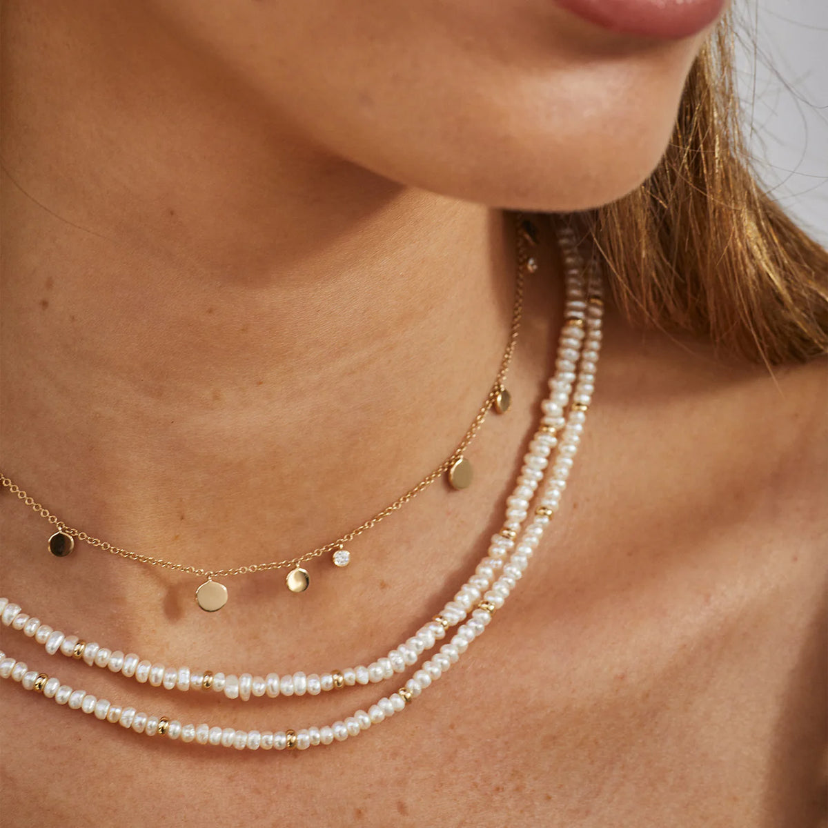 EF-Collection Birthstone Bead Necklace In Pearl styled on models neck