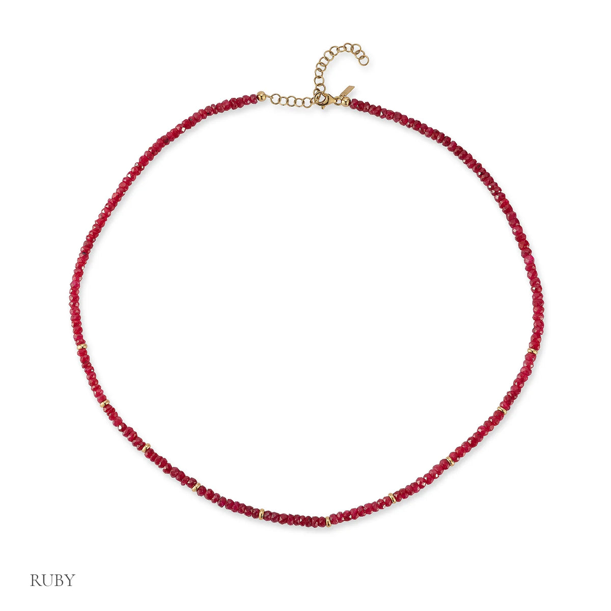 EF-Collection Birthstone Bead Necklace In Ruby in yellow gold on white background
