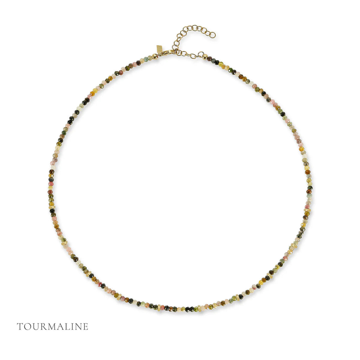 EF-Collection Birthstone Bead Necklace In Tourmaline in yellow gold on white background with label
