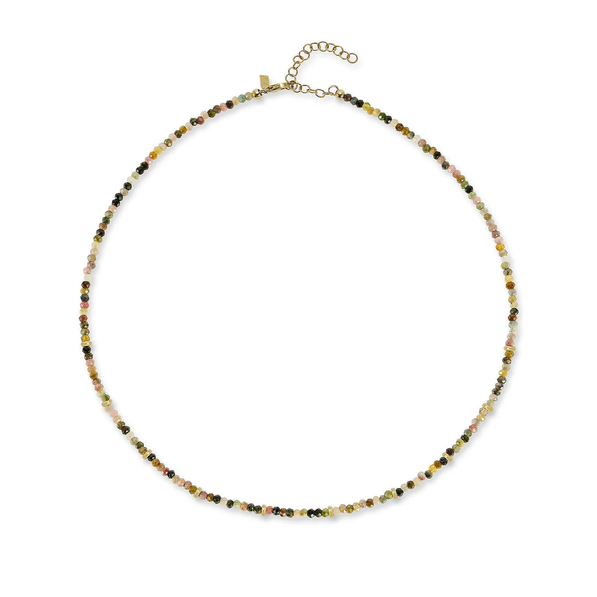 EF-Collection Birthstone Bead Necklace In Tourmaline in yellow gold on white background