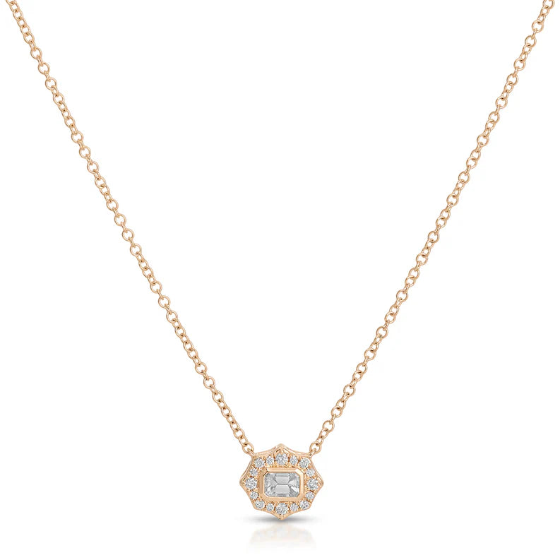 EF-Collection Daphne Emerald Cut Diamond Necklace in rose gold on white background