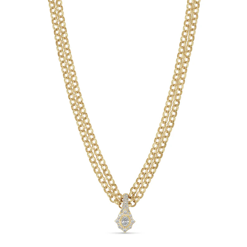 EF-Collection Diamond Daphne Double Chain Necklace in yellow gold with yellow gold pendant on white background