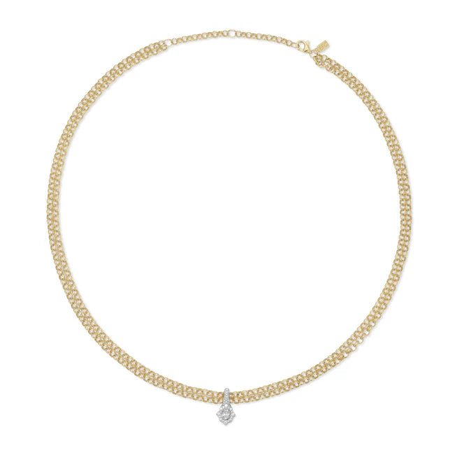 Full picture of EF-Collection Diamond Daphne Double Chain Necklace in yellow gold with white gold pendant on white background