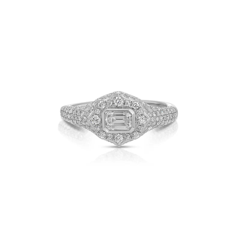 EF-Collection Emerald Cut Diamond Daphne Signet Ring in white gold on white background