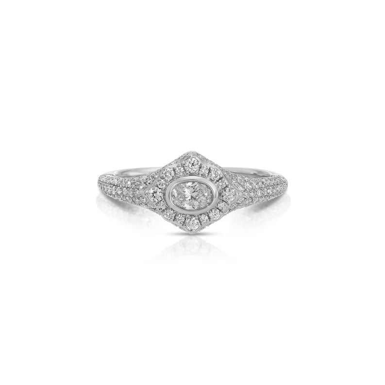 EF-Collection Oval Diamond Daphne Signet Ring in white gold on white background