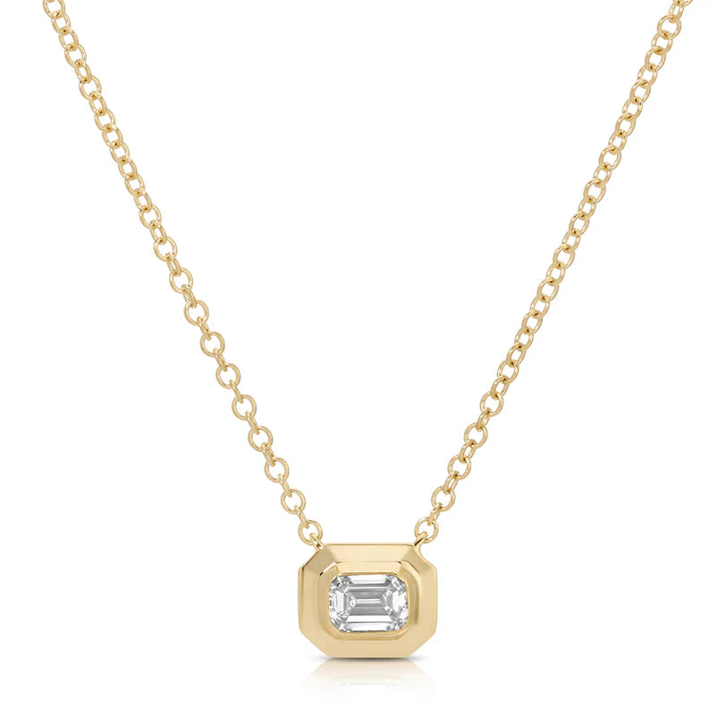 EF Collection Emerald Cut Diamond Necklace in yellow gold on white background.