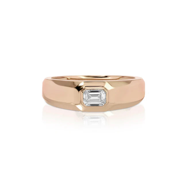 EF Collection Emerald Cut Diamond Signet Ring in rose gold on white background.