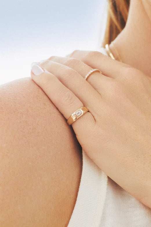 EF Collection Emerald Cut Diamond Signet Ring in yellow gold on model’s finger