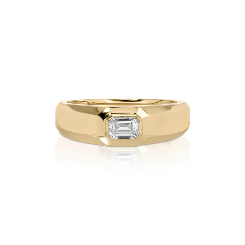 EF Collection Emerald Cut Diamond Signet Ring in yellow gold on white background.