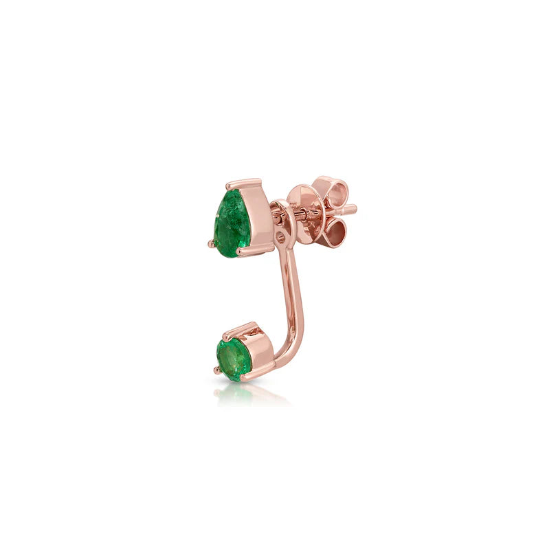 product shot of EF-Collection single Emerald Pear and Round Illusion Stud Earring in rose gold on white background