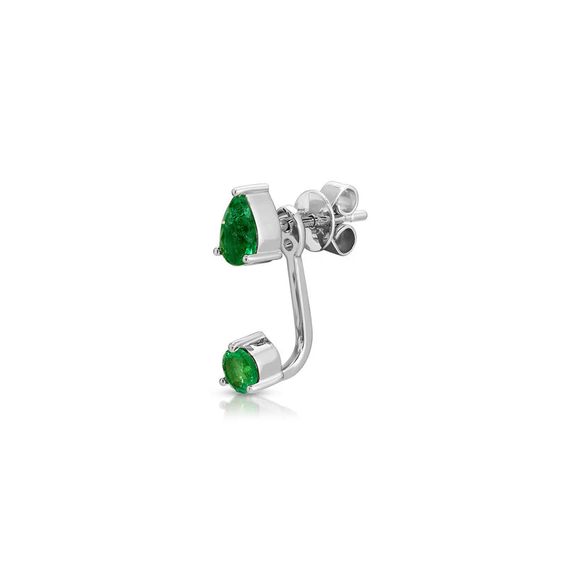 product shot of EF-Collection single Emerald Pear and Round Illusion Stud Earring in white gold on white background