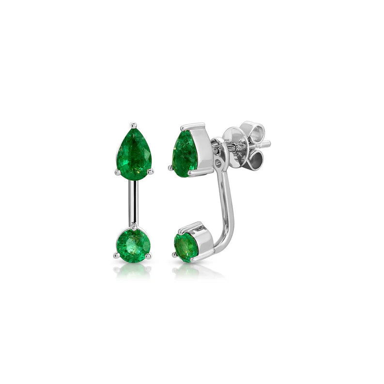 product shot of EF-Collection Emerald Pear and Round Illusion Stud Earrings in white gold on white background