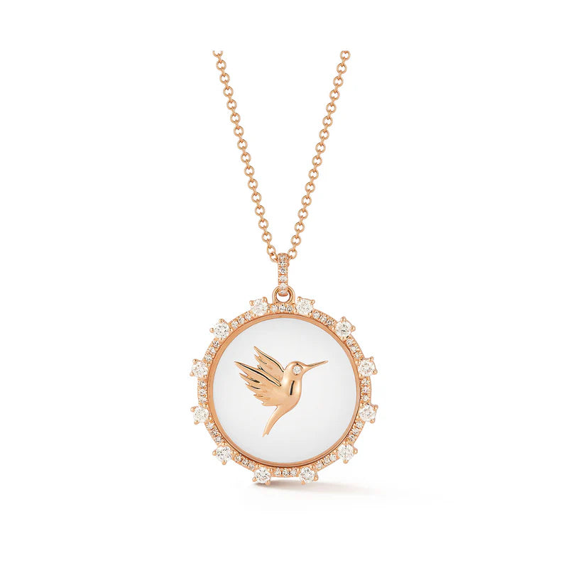 EF Collection Floating Hummingbird Necklace in rose gold on white background.