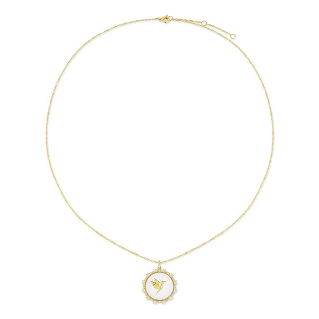 Single EF Collection Floating Hummingbird Necklace in yellow gold in white background.