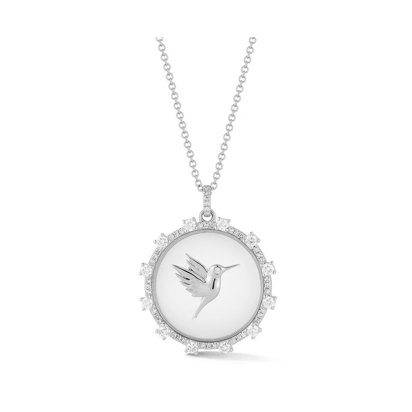 EF Collection Floating Hummingbird Necklace in white gold on white background.