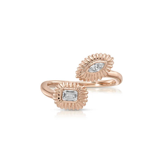 EF-Collection Fluted Emerald Cut and Marquise Diamond Wrap Ring in rose gold on white background