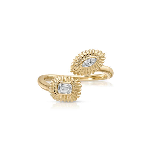 EF-Collection Fluted Emerald Cut and Marquise Diamond Wrap Ring in yellow gold on white background