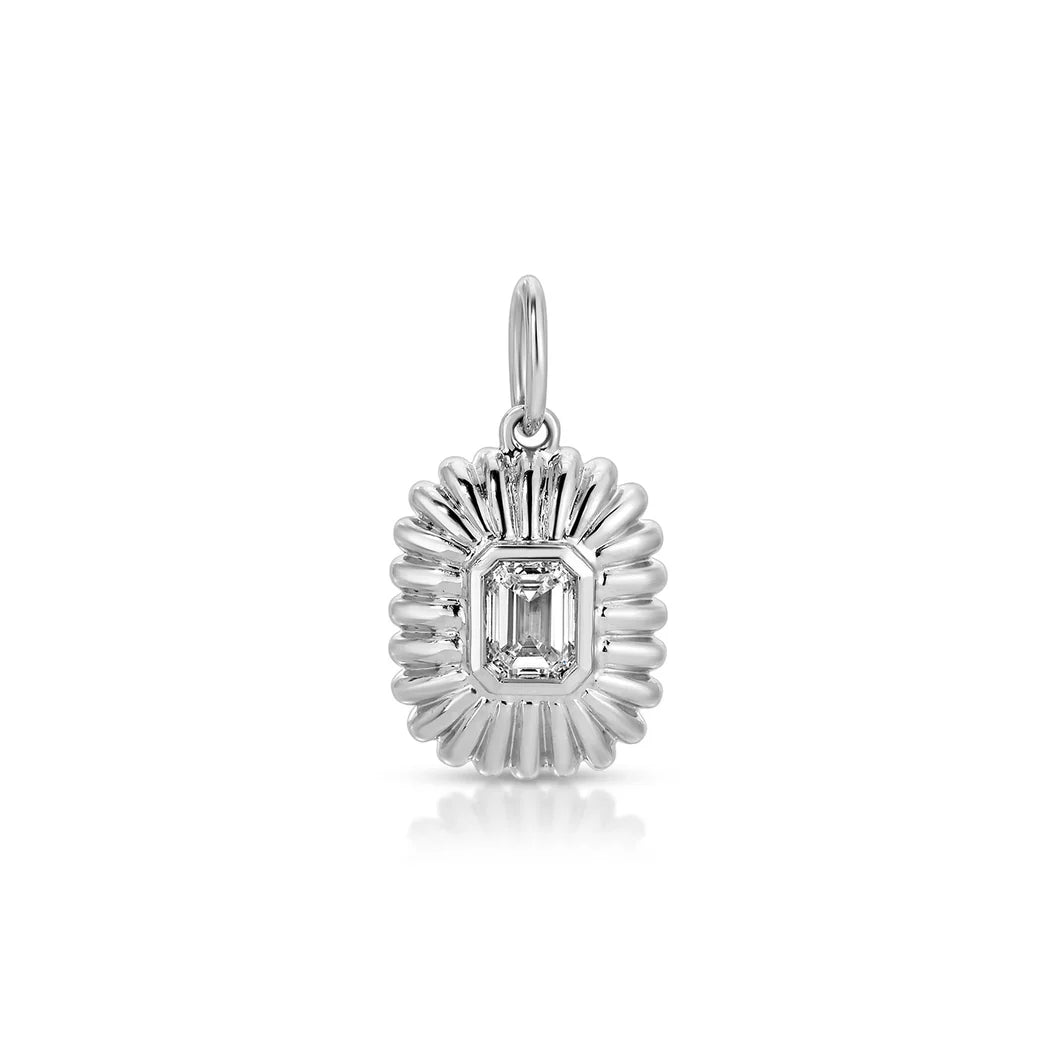 EF-Collection Fluted Emerald Cut Diamond Charm in white gold on white background