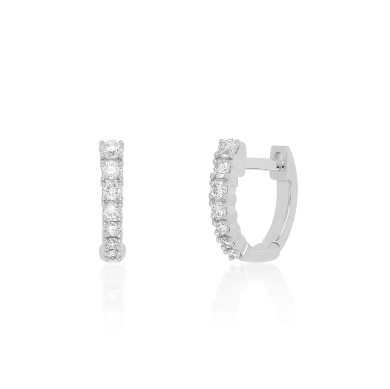 EF Collection Full Cut Diamond Arc Mini Huggie Earring in white gold on white background.
