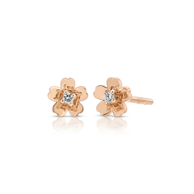 EF Collection Gold and Diamond Mini Cherry Blossom Stud Earring in rose gold on white background