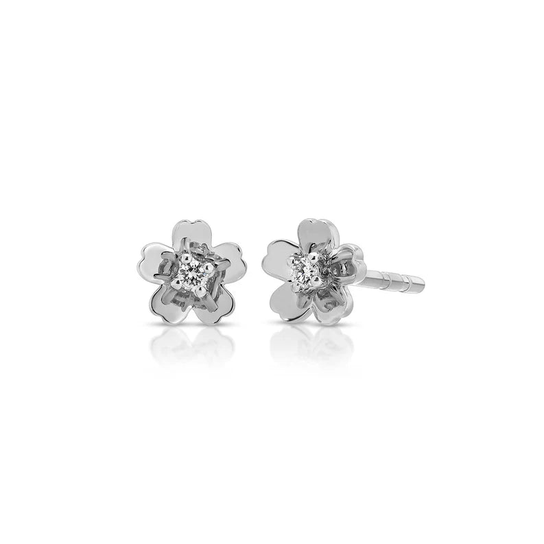 EF Collection Gold and Diamond Mini Cherry Blossom Stud Earring in white gold on white background