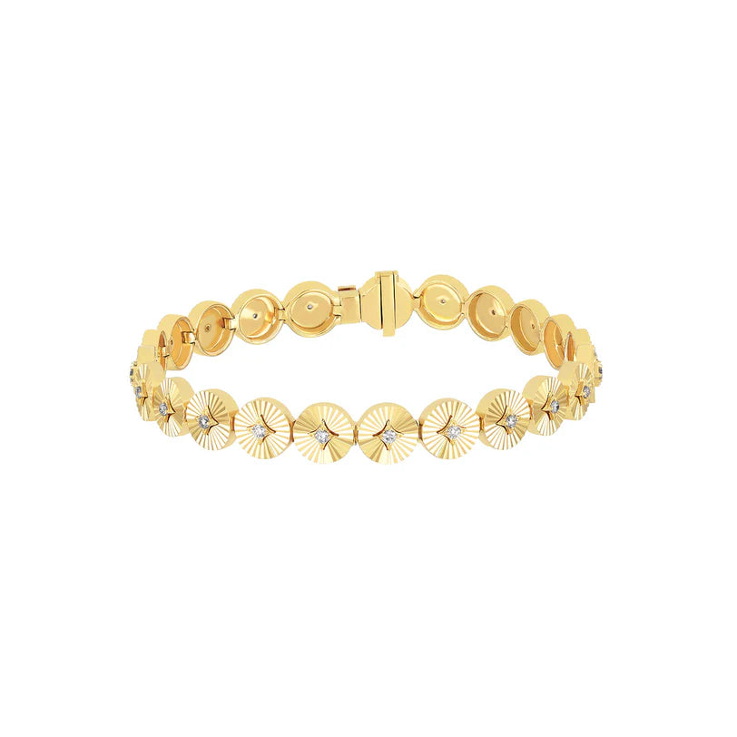 EF Collection Gold & Diamond Fluted Disc Eternity Bracelet in yellow gold on white background.