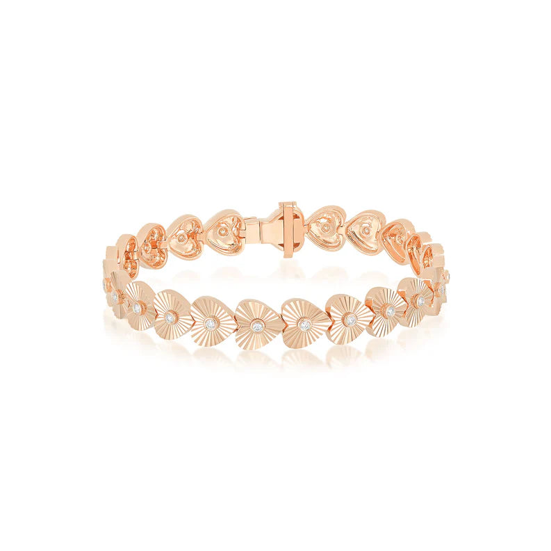 EF Collection Gold & Diamond Fluted Heart Eternity Bracelet in rose gold on white background.