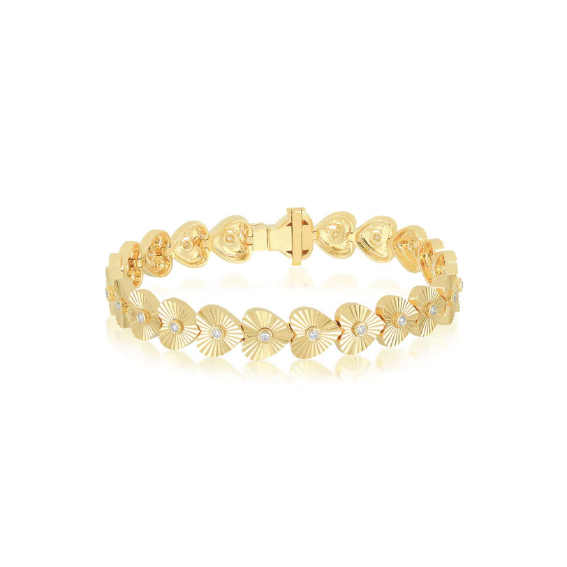 EF Collection Gold & Diamond Fluted Heart Eternity Bracelet in yellow gold on white background.