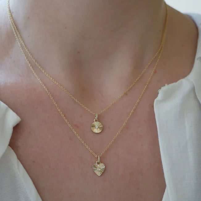 EF Collection Gold & Diamond Fluted Heart Necklace in yellow gold on models neck