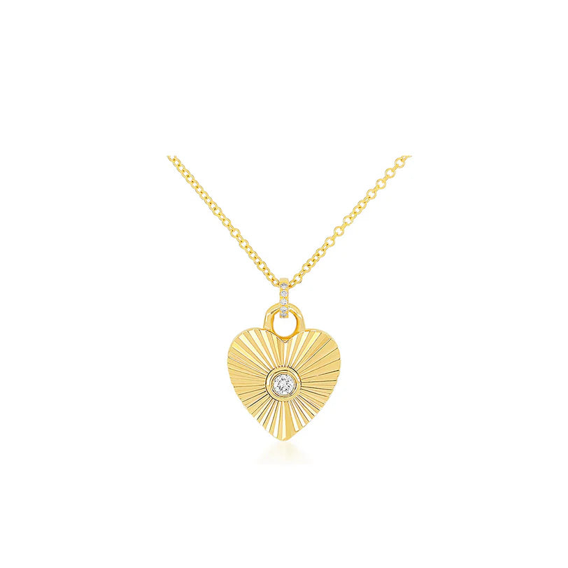 EF Collection Gold & Diamond Fluted Heart Necklace in yellow gold on white background.