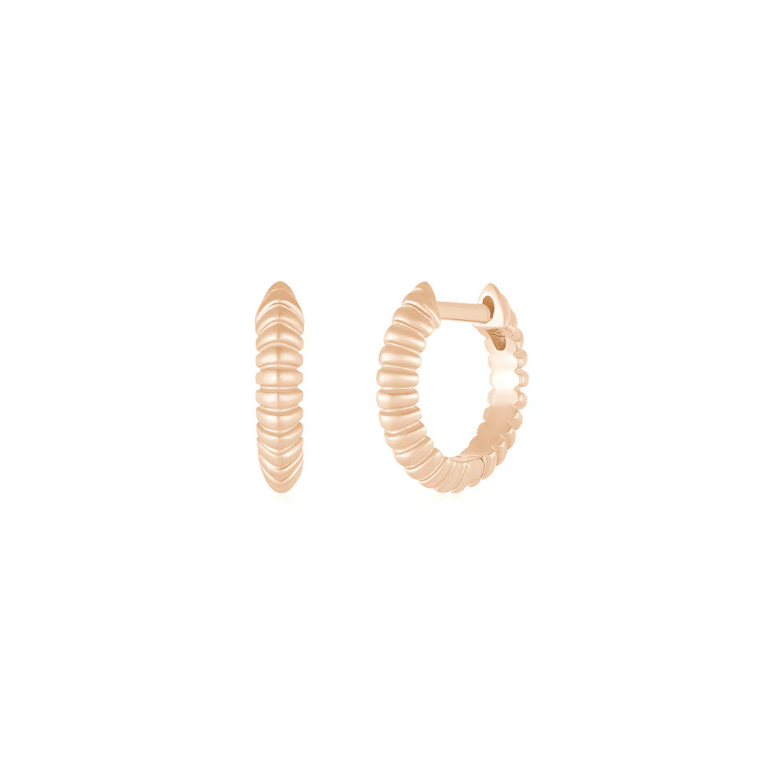 EF-Collection Gold Fluted Knife Edge Mini Huggie Earrings in rose gold on white background