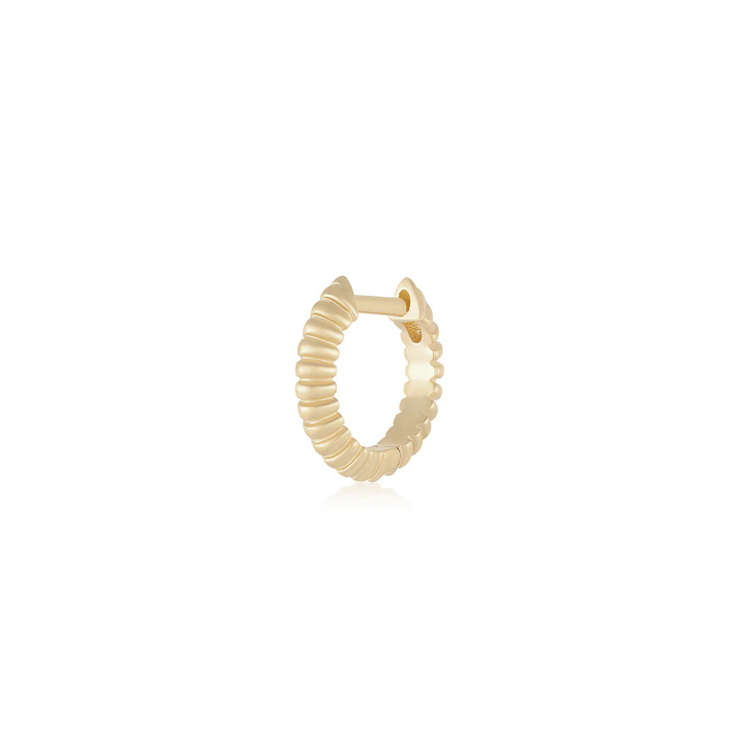 Single EF-Collection Gold Fluted Knife Edge Mini Huggie Earrings in yellow gold on white background