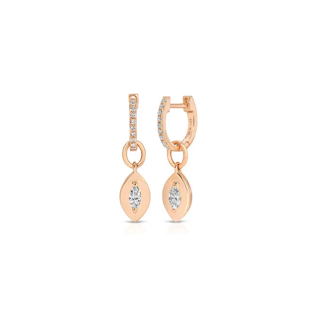 EF Collection Gold Frame Marquise Diamond Huggie Charm On Diamond Mini Huggie Earring in rose gold on a white background.