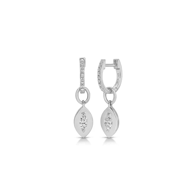 EF Collection Gold Frame Marquise Diamond Huggie Charm On Diamond Mini Huggie Earring in white gold on a white background.