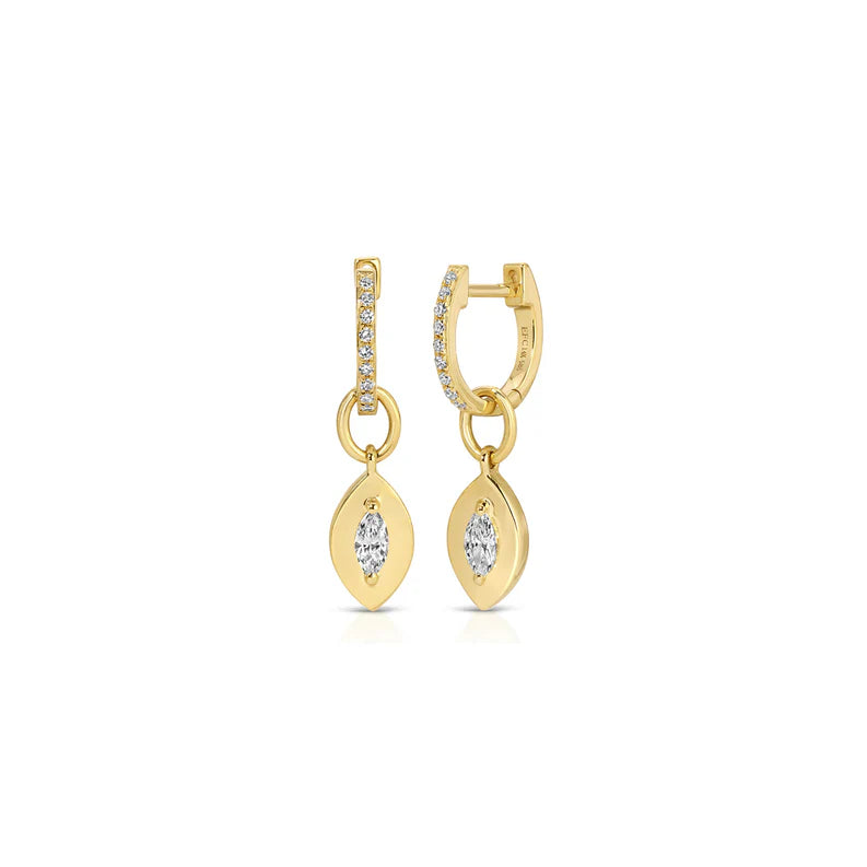 EF Collection Gold Frame Marquise Diamond Huggie Charm On Diamond Mini Huggie Earring in yellow gold on a white background.