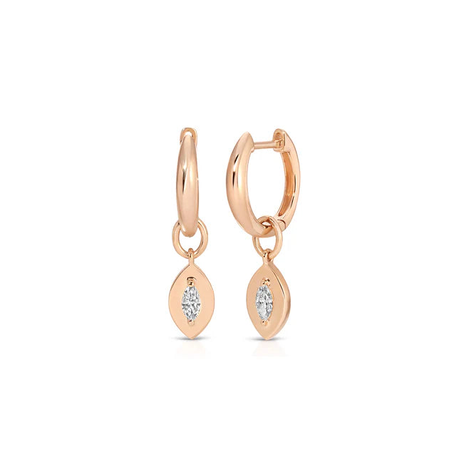 EF Collection Gold Frame Marquise Diamond Huggie Charm on Gold Dome Huggie Earring in rose gold on white background