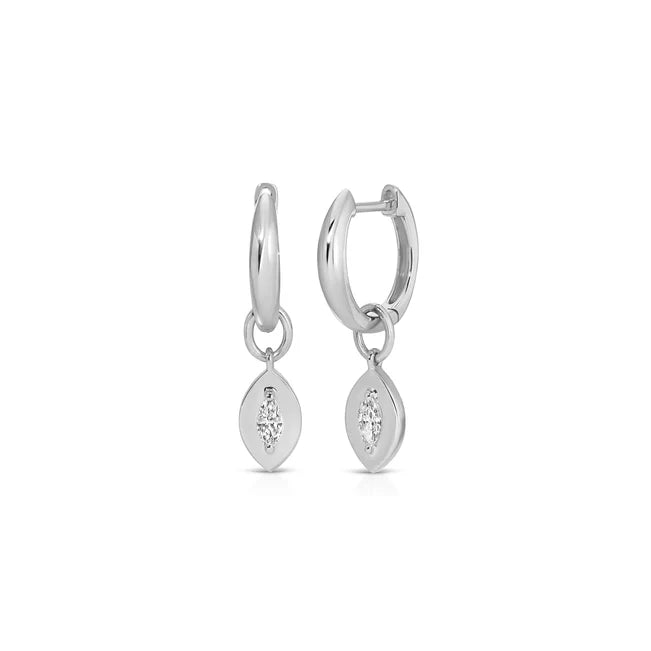 EF Collection Gold Frame Marquise Diamond Huggie Charm on Gold Dome Huggie Earring in white gold on white background