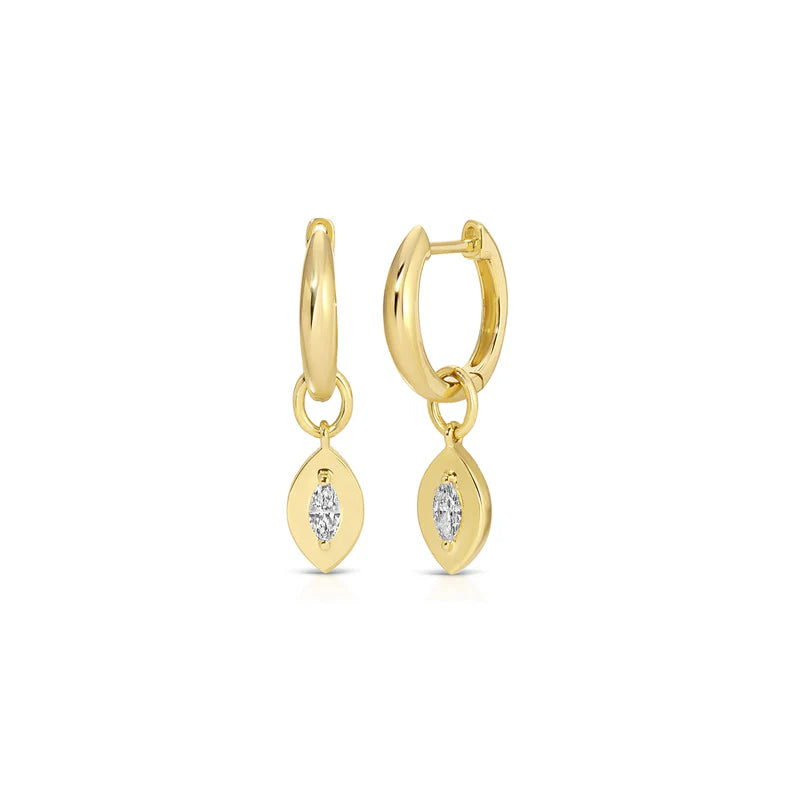 EF Collection Gold Frame Marquise Diamond Huggie Charm on Gold Dome Huggie Earring in yellow gold on white background