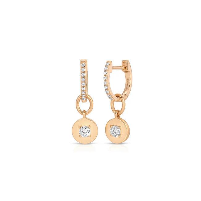 EF Collection Gold Frame Round Diamond Huggie Charm On Diamond Mini Huggie Earring in rose gold displayed on white background.