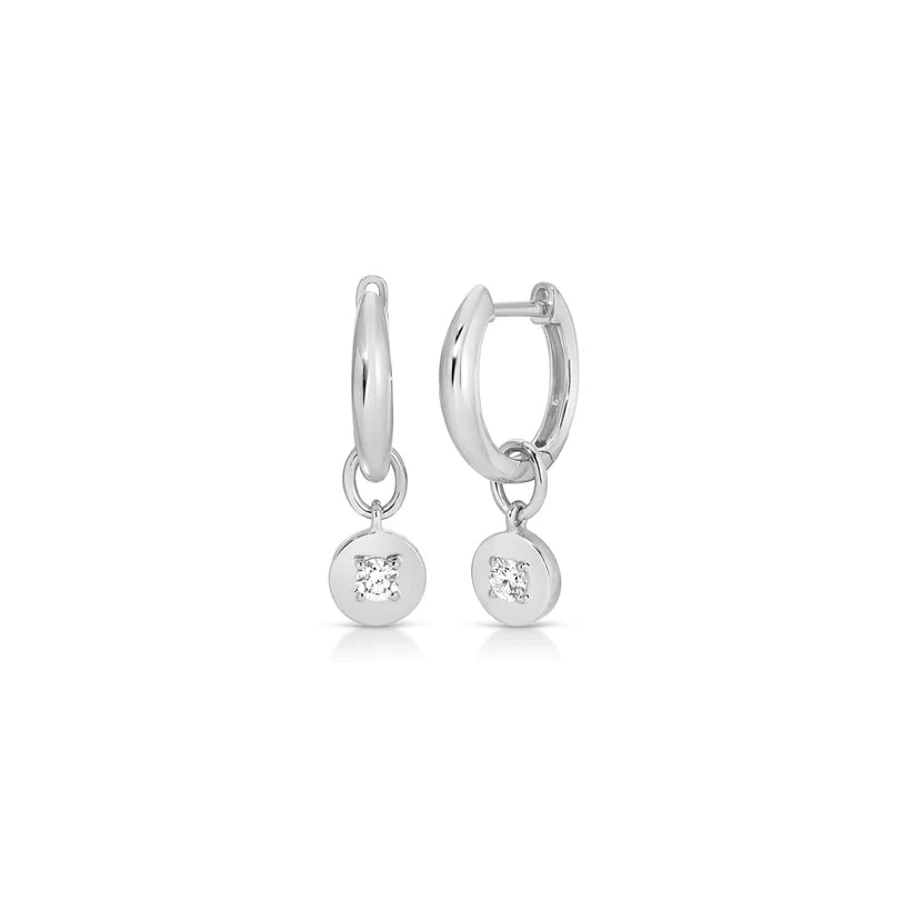 EF Collection Gold Frame Round Diamond Huggie Charm On Gold Dome Huggie Earring in white gold displayed on white background.