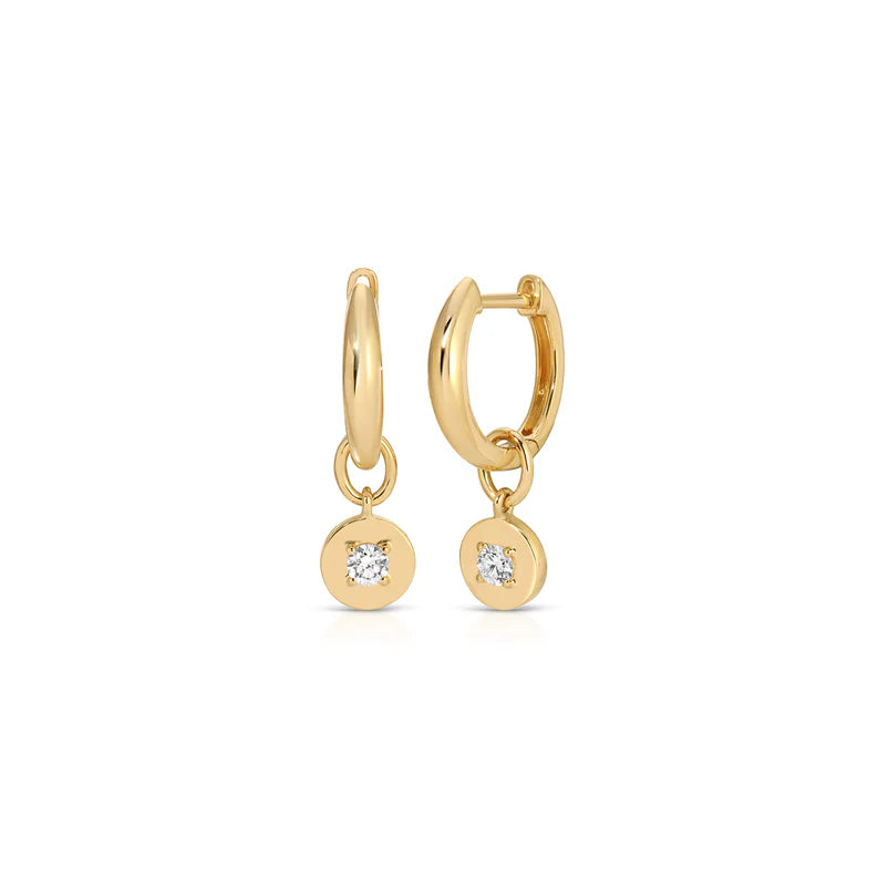 EF Collection Gold Frame Round Diamond Huggie Charm On Gold Dome Huggie Earring in yellow gold displayed on white background.