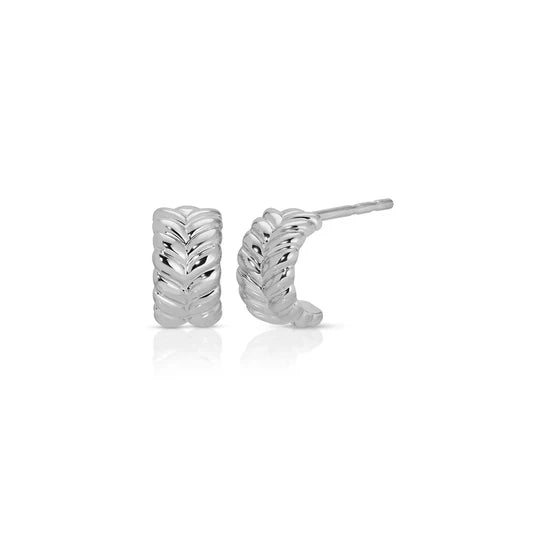 EF-Collection Gold Herringbone Mini Huggies in white gold on white background