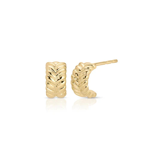 EF-Collection Gold Herringbone Mini Huggies in yellow gold on white background
