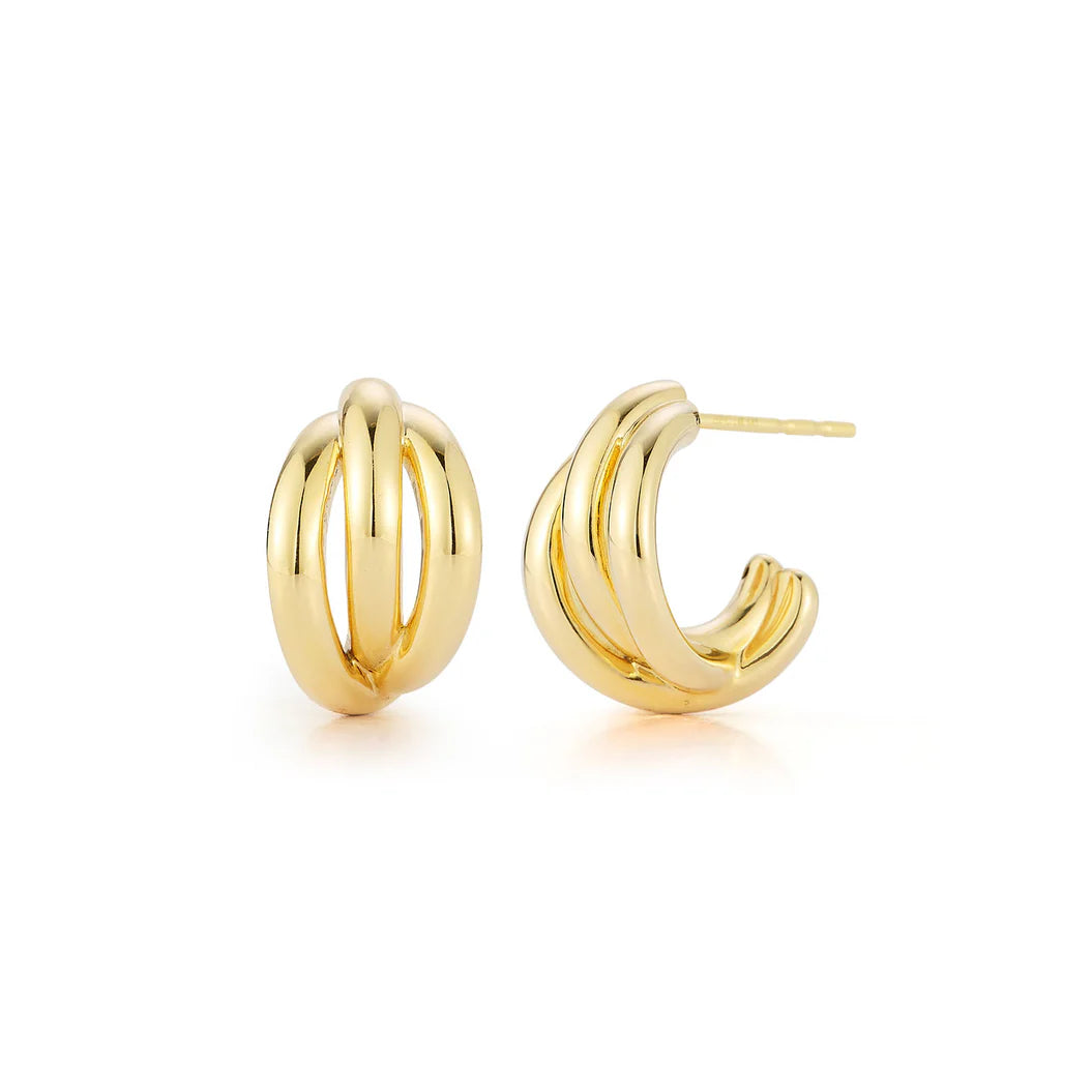 Product Shot of EF Collection Gold Knot huggies in yellow gold on a white background.