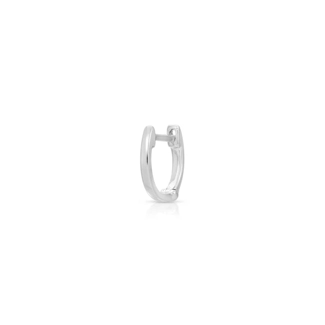 Single EF Collection Gold Mini Huggie Earring in white gold on white background.